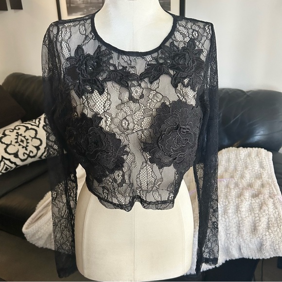 Windsor Tops - Black Lace Floral Crop Top